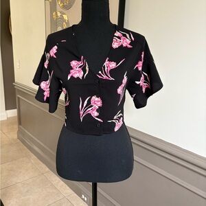 Leith Black and Pink Crop Blouse with Tie Front